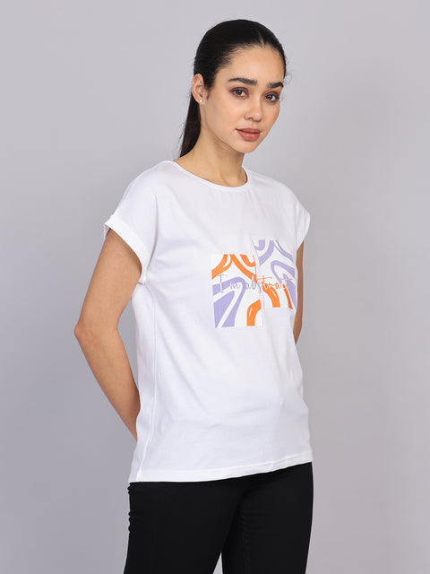 Women’s White Dolman Sleeve Chest Print T-Shirt