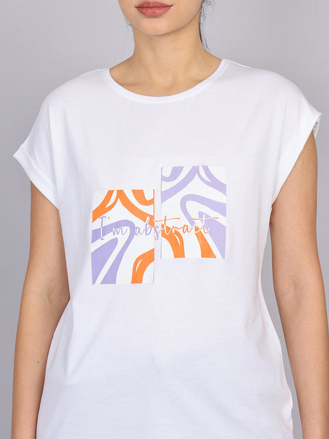 Women’s White Dolman Sleeve Chest Print T-Shirt