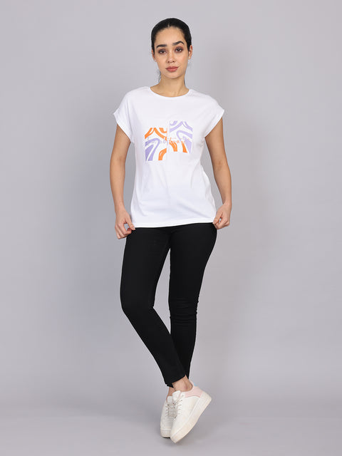 Women’s White Dolman Sleeve Chest Print T-Shirt