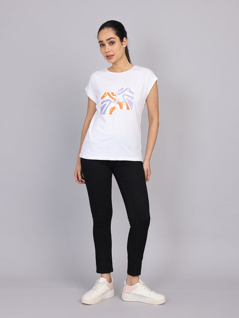 Women’s White Dolman Sleeve Chest Print T-Shirt