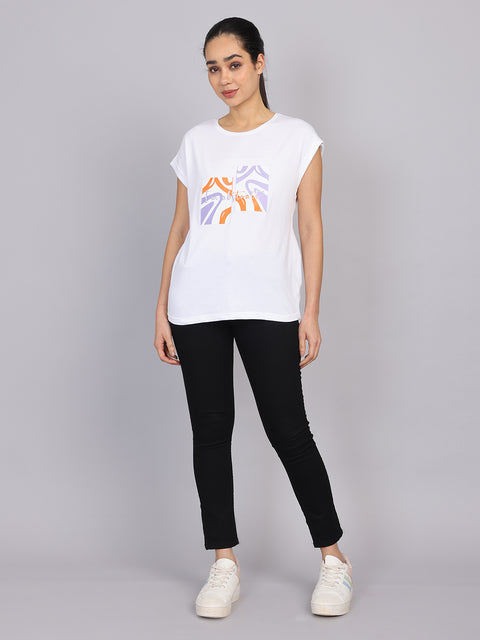 Women’s White Dolman Sleeve Chest Print T-Shirt