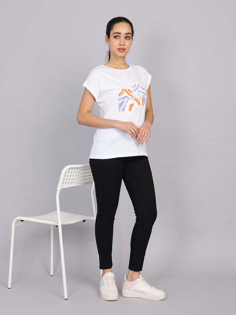 Women’s White Dolman Sleeve Chest Print T-Shirt