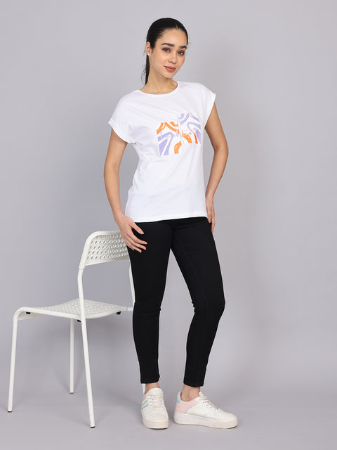 Women’s White Dolman Sleeve Chest Print T-Shirt