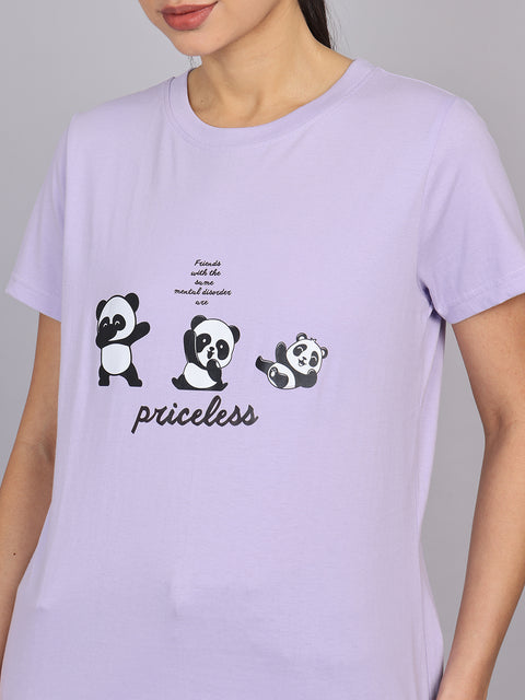 Women’s Lavender Round Neck Chest Print T-Shirt