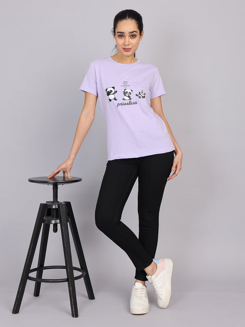 Women’s Lavender Round Neck Chest Print T-Shirt