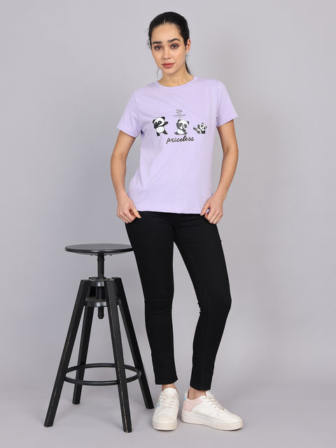 Women’s Lavender Round Neck Chest Print T-Shirt