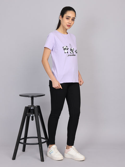 Women’s Lavender Round Neck Chest Print T-Shirt