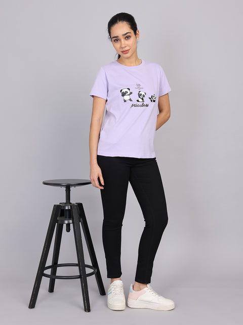 Women’s Lavender Round Neck Chest Print T-Shirt