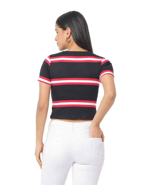 Women's Striped Short Sleeve Crop Top Knitted Tee, Black