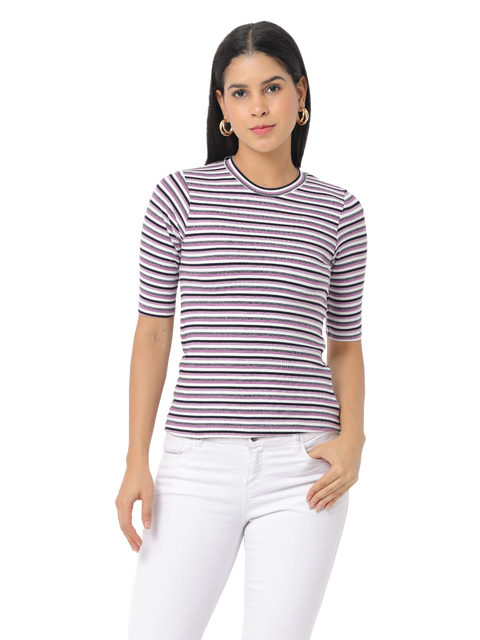 Women's Purple Striped Short Sleeve Crop T-Shirt