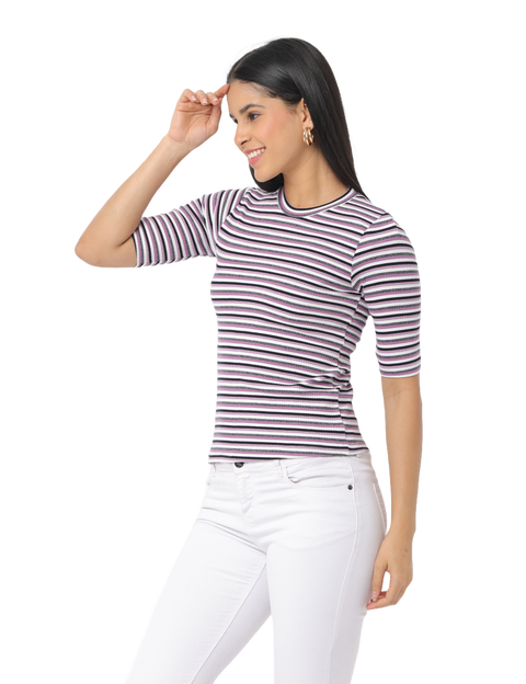 Women's Purple Striped Short Sleeve Crop T-Shirt