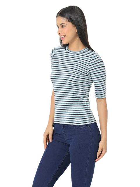 Women's Blue Striped Short Sleeve, Crop T-Shirt