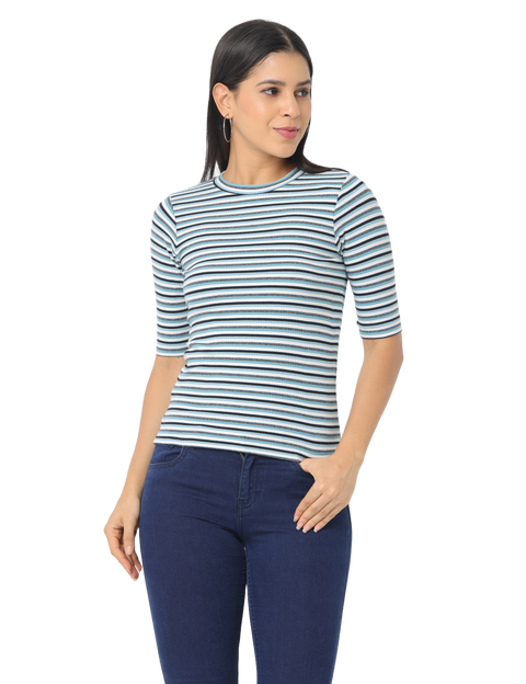 Women's Blue Striped Short Sleeve, Crop T-Shirt