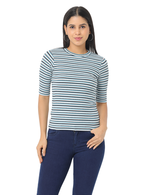 Women's Blue Striped Short Sleeve, Crop T-Shirt