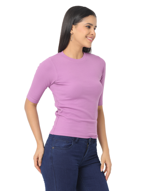 Women's Cropped, Short Sleeve Round T-Shirt in Purple