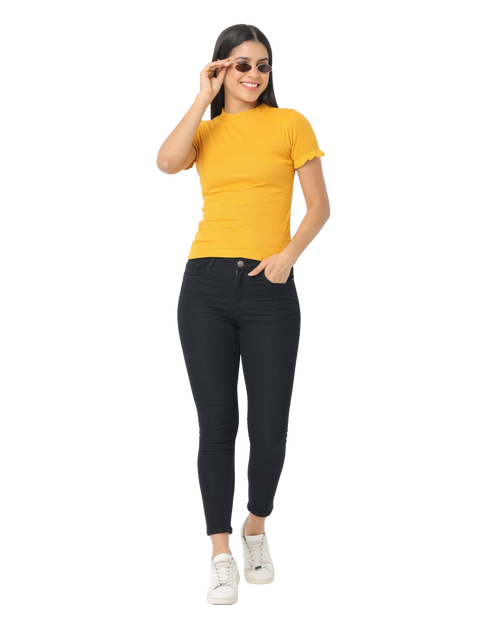 Women's Short Sleeve Crop T-Shirt with Ruffle Sleeves, Mustard Yellow