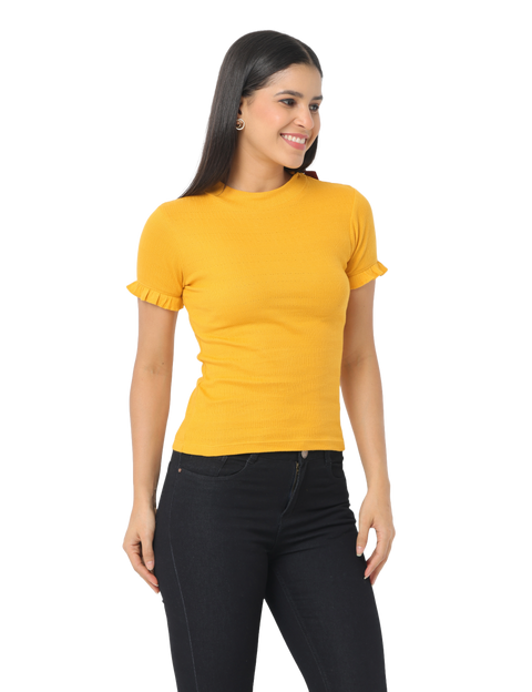 Women's Short Sleeve Crop T-Shirt with Ruffle Sleeves, Mustard Yellow