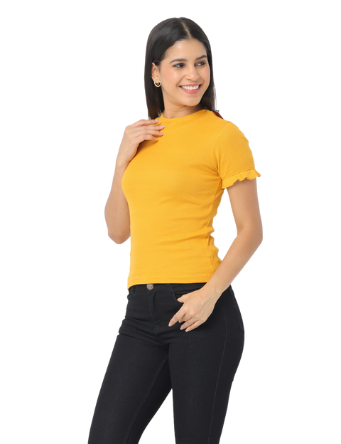 Women's Short Sleeve Crop T-Shirt with Ruffle Sleeves, Mustard Yellow