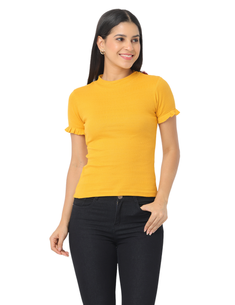 Women's Short Sleeve Crop T-Shirt with Ruffle Sleeves, Mustard