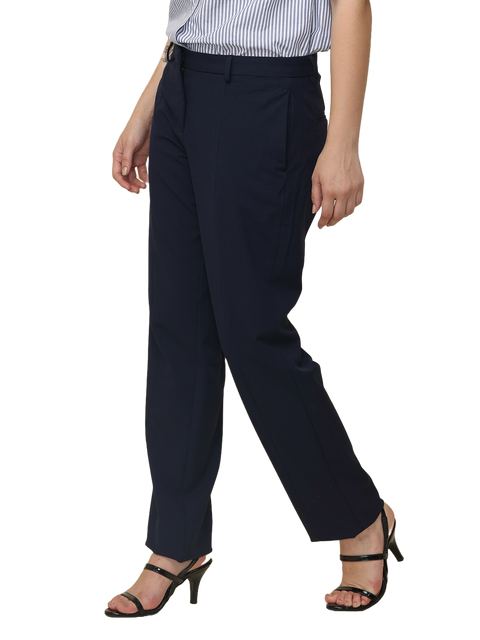 Women's Pleated Solid Formal Trouser, Navy Blue