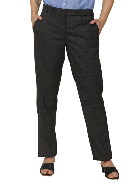 Women's Pleated Solid Formal Trouser, Black and Brown Checkered