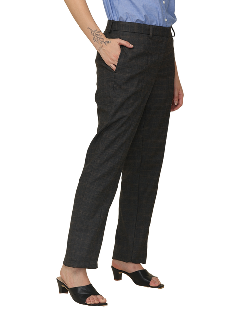 Women's Pleated Solid Formal Trouser, Black and Brown Checkered