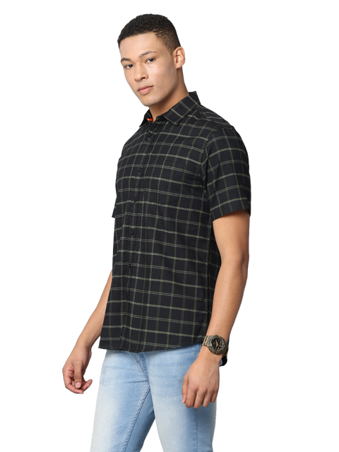 Men's Dark Green Checkered Short Sleeves Casual Shirt