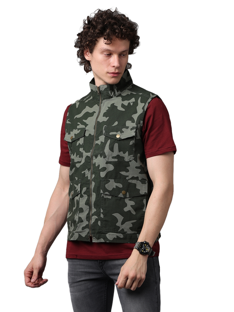 Men's Olive Green Camouflage Sleevless Zip Up Jacket with Pockets