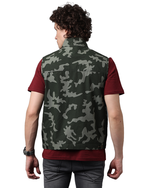 Men's Olive Green Camouflage Sleevless Zip Up Jacket with Pockets