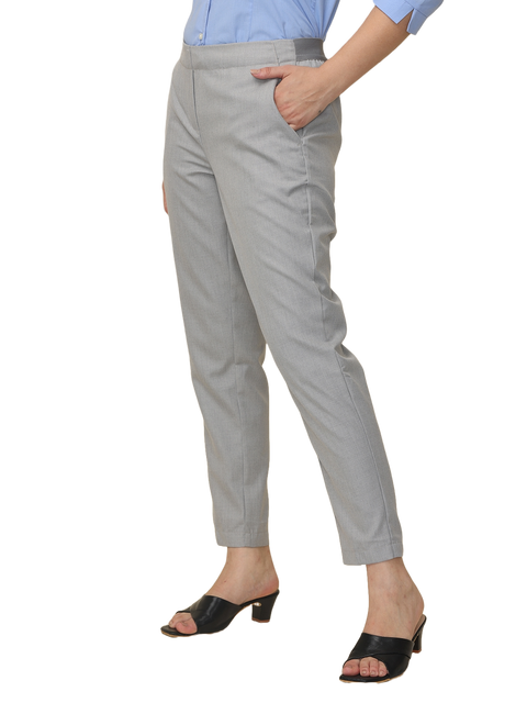 Women's Grey Checked Elasticated Slim Fit Formal Trouser