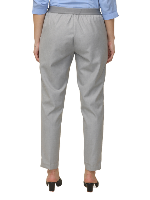 Women's Grey Checked Elasticated Slim Fit Formal Trouser