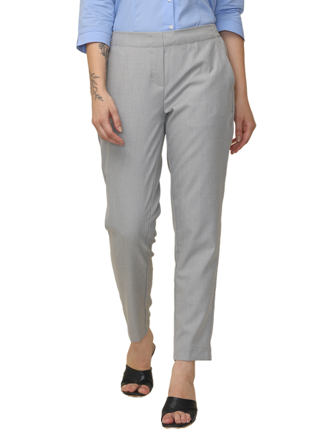 Women's Grey Checked Elasticated Slim Fit Formal Trouser