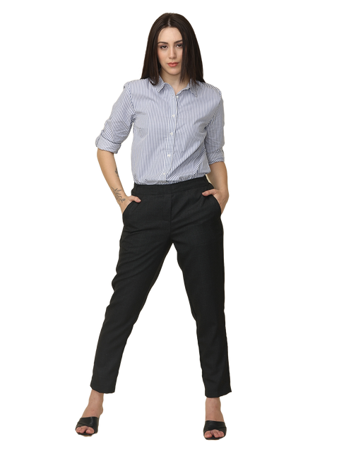 Women's Elaticated Formal Trousers, Twill Black