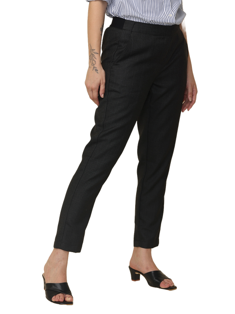 Women's Elaticated Formal Trousers, Twill Black