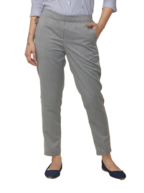 Women's Solid Grey Elasticated Slim Fit Formal Trouser