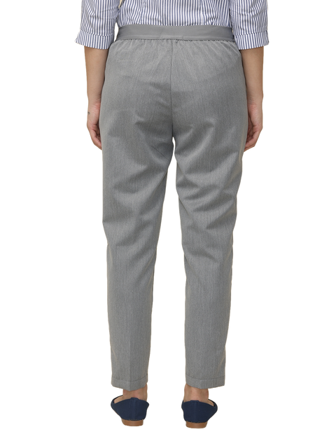 Women's Solid Grey Elasticated Slim Fit Formal Trouser