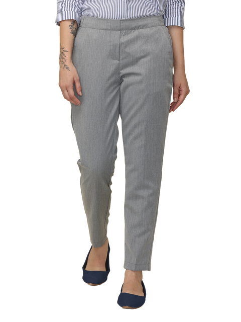 Women's Solid Grey Elasticated Slim Fit Formal Trouser