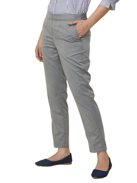 Women's Solid Grey Elasticated Slim Fit Formal Trouser