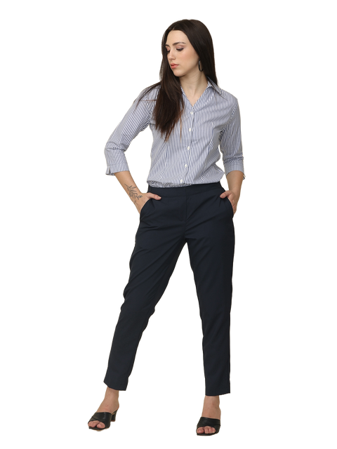 Women's Black Checked Elasticated Slim Fit Formal Trouser