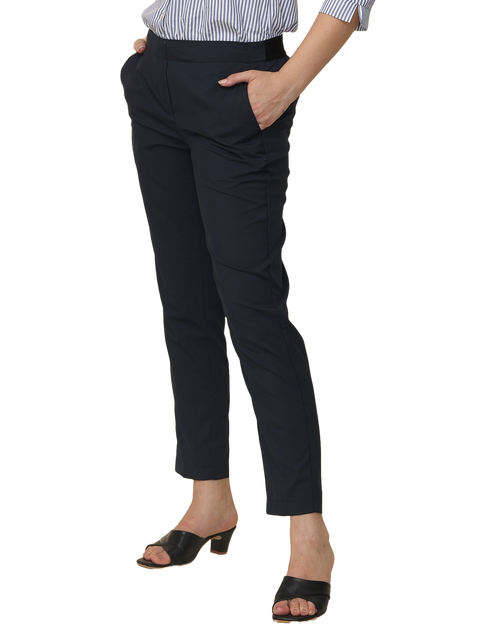 Women's Black Checked Elasticated Slim Fit Formal Trouser