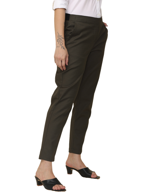 Women's Slim Fit Solid Elasticated Formal Trouser, Olive