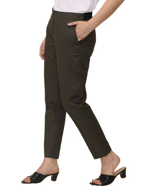 Women's Slim Fit Solid Elasticated Formal Trouser, Olive