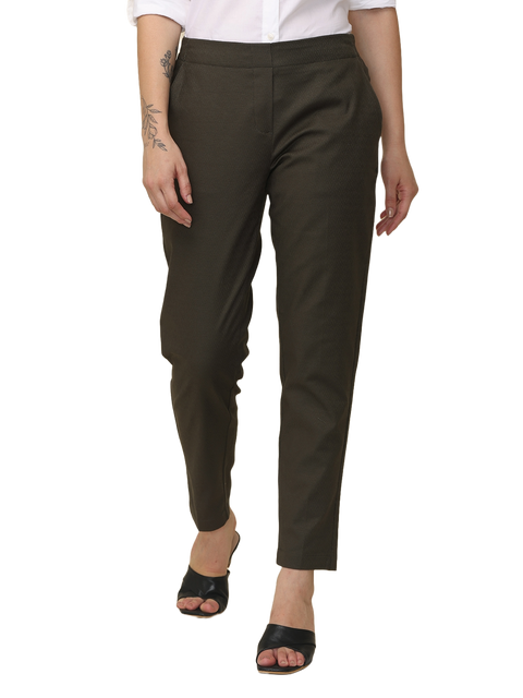 Women's Slim Fit Solid Elasticated Formal Trouser, Olive