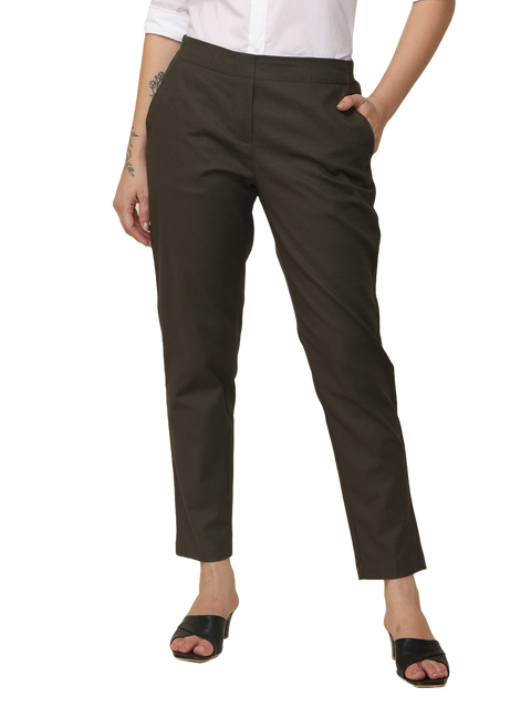 Women's Slim Fit Solid Elasticated Formal Trouser, Olive