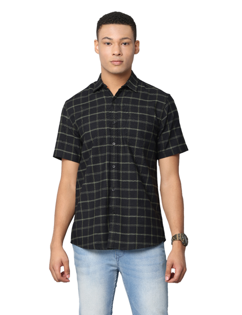 Men's Dark Green Checkered Short Sleeves Casual Shirt