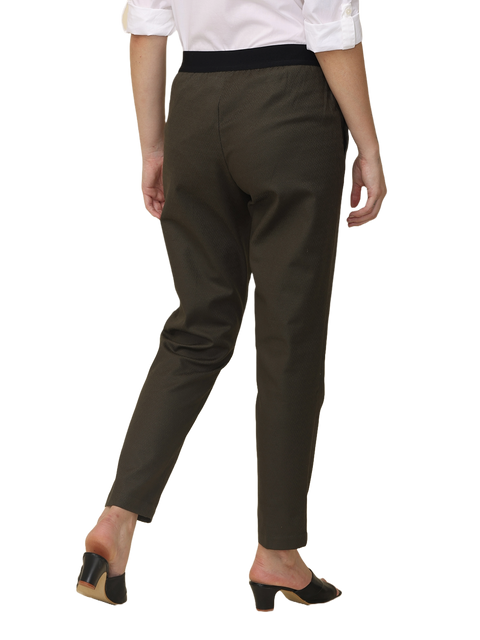 Women's Slim Fit Solid Elasticated Formal Trouser, Olive