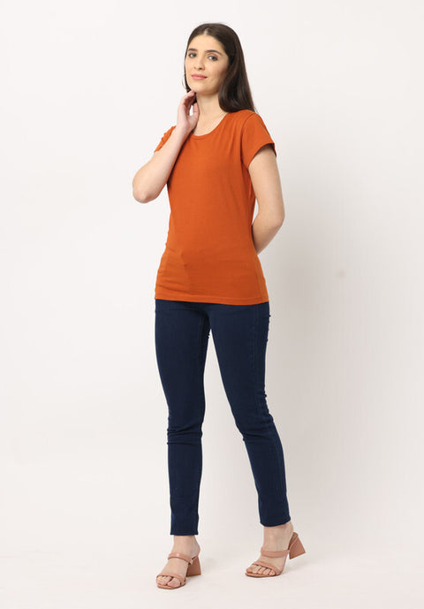 Women's Cotton Slim Fit Back Print Crew Neck T-Shirt, Dark Brown