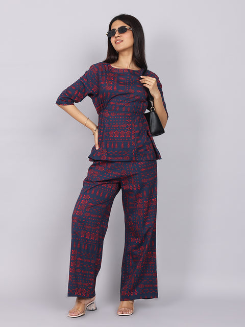 Women’s Navy Red Printed Relaxed Fit Boat Neck Coord Set