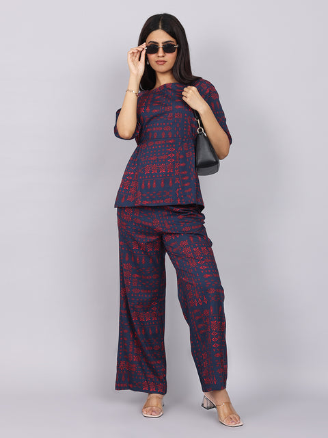 Women’s Navy Red Printed Relaxed Fit Boat Neck Coord Set