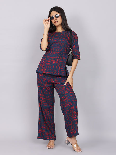 Women’s Navy Red Printed Relaxed Fit Boat Neck Coord Set